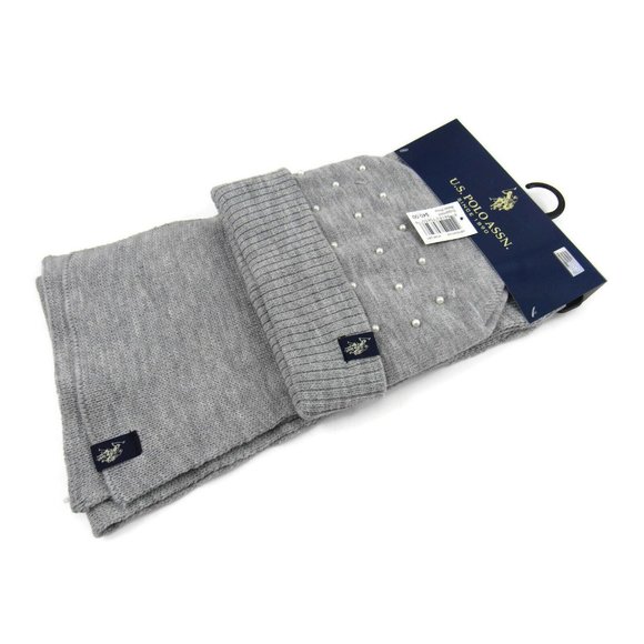 U.S. Polo Assn. Women's Simulated Pearls Knit Hat & Scarf Set Gray One Size New - Picture 3 of 6